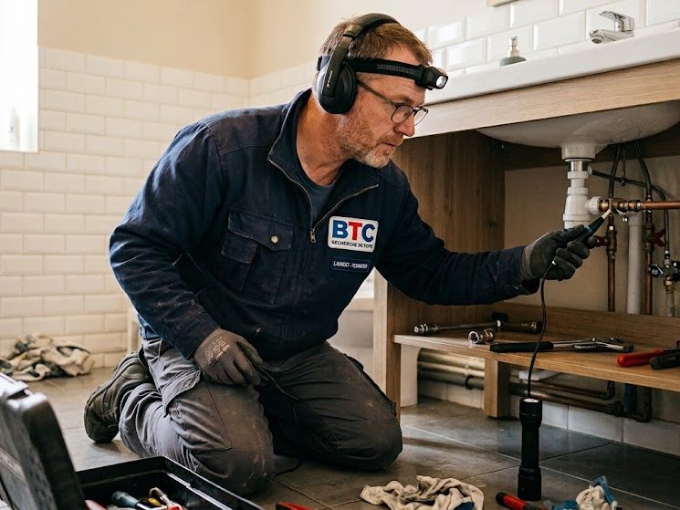 Karim, artisan chauffagiste, à genoux sous un lavabo pendant une recherche de fuite.